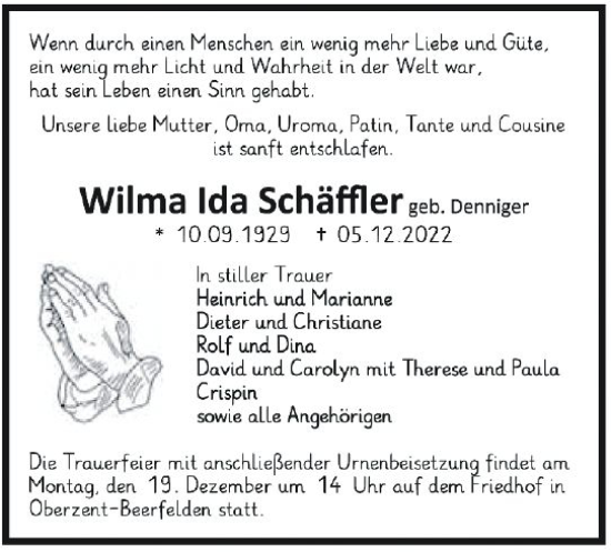 Traueranzeige von Wilma Ida Schäffler von vrm-trauer Odenwälder Echo
