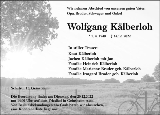 Traueranzeige von Wolfgang Kälberloh von vrm-trauer Groß-Gerauer Echo