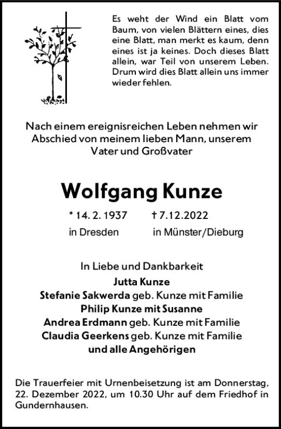 Traueranzeige von Wolfgang Kunze von vrm-trauer Darmstädter Echo