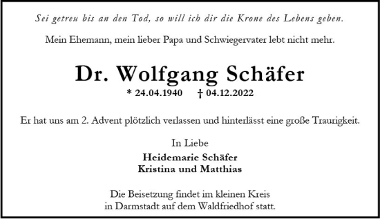 Traueranzeige von Wolfgang Schäfer von vrm-trauer Darmstädter Echo