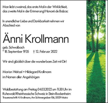 Traueranzeige von Änni Krollmann von vrm-trauer AZ Mainz