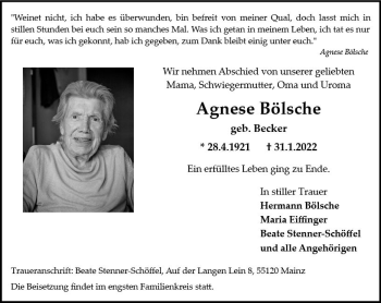 Traueranzeige von Agnes Bölsche von vrm-trauer AZ Mainz