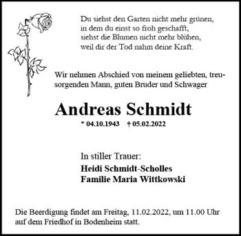 Traueranzeige von Andreas Schmidt von vrm-trauer AZ Mainz
