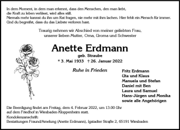 Traueranzeige von Anette Erdmann von vrm-trauer Wiesbadener Kurier