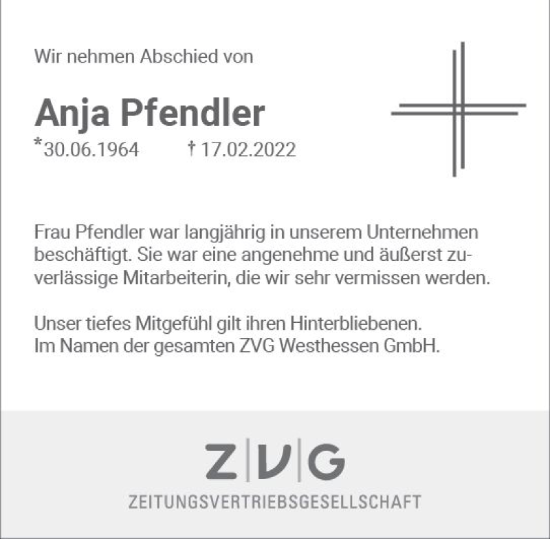  Traueranzeige für Anja Pfendler vom 26.02.2022 aus vrm-trauer Wiesbadener Kurier