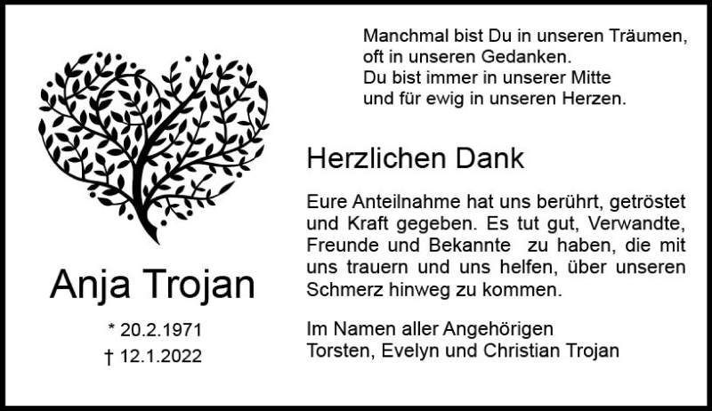  Traueranzeige für Anja Trojan vom 19.02.2022 aus vrm-trauer DieburgerAnzeiger/Groß-Zimmerner Lokala