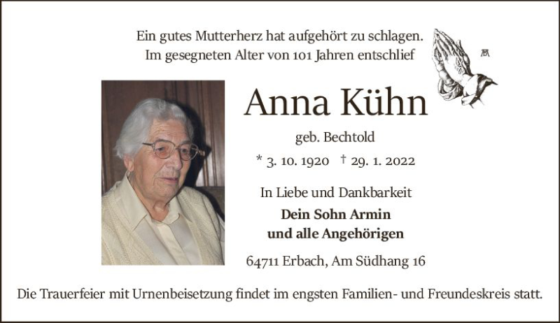  Traueranzeige für Anna Kühn vom 05.02.2022 aus vrm-trauer Odenwälder Echo