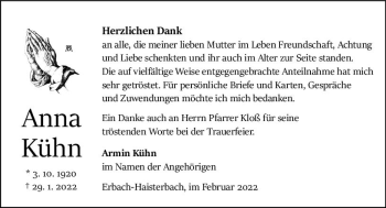 Traueranzeige von Anna Kühn von vrm-trauer Odenwälder Echo