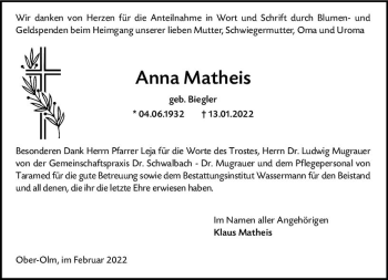 Traueranzeige von Anna Matheis von vrm-trauer AZ Mainz