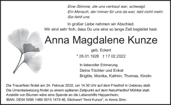 Traueranzeige von Anna Magdalene Kunze von vrm-trauer Darmstädter Echo
