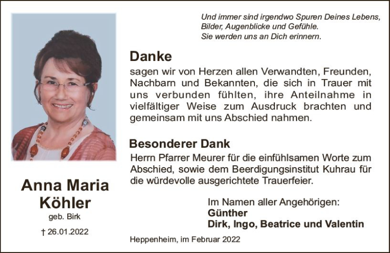  Traueranzeige für Anna Maria Köhler vom 22.02.2022 aus vrm-trauer Bürstädter/Lamperth. Ztg/Starkenburger
