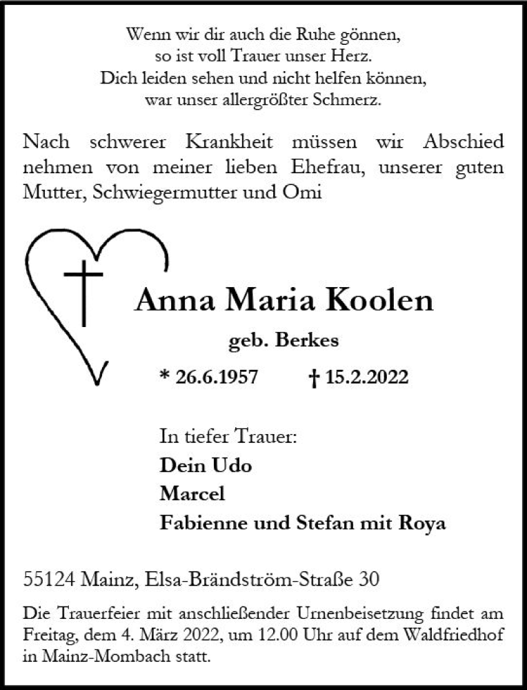  Traueranzeige für Anna Maria Koolen vom 19.02.2022 aus vrm-trauer AZ Mainz