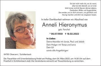 Traueranzeige von Anneli Hieronymus von vrm-trauer Odenwälder Echo