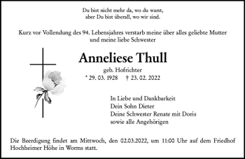 Traueranzeige von Anneliese Thull von vrm-trauer Wormser Zeitung