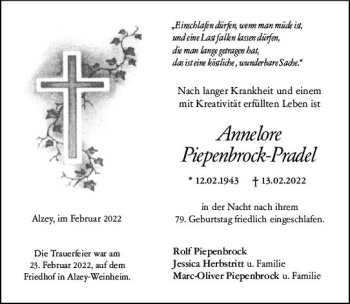 Traueranzeige von Annelore Piepenbrock-Pradel von vrm-trauer Allgemeine Zeitung Alzey
