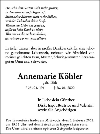 Traueranzeige von Annemarie Köhler von vrm-trauer Bürstädter/Lamperth. Ztg/Starkenburger