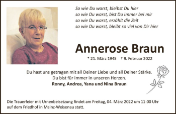 Traueranzeige von Annerose Braun von vrm-trauer AZ Mainz