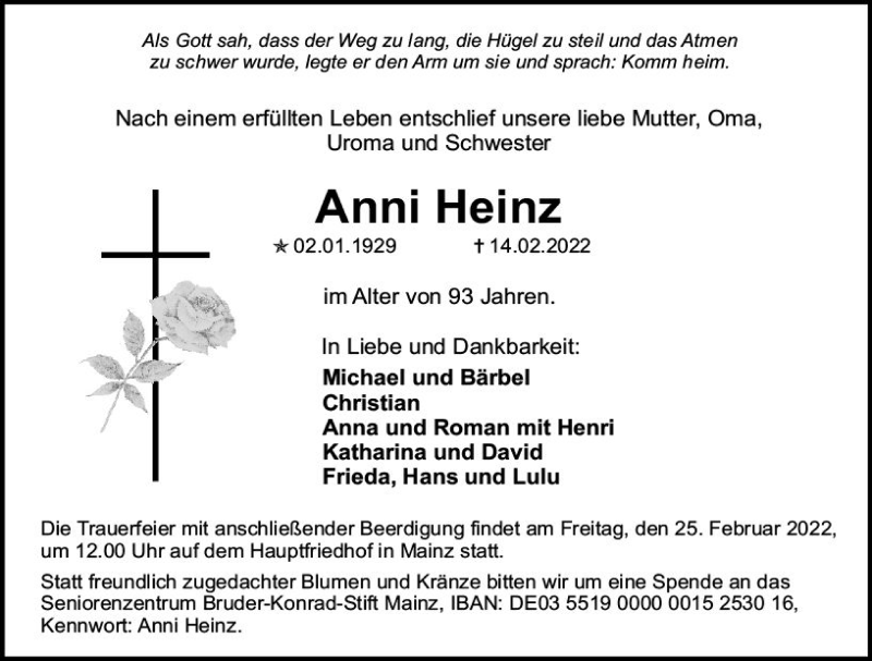  Traueranzeige für Anni Heinz vom 19.02.2022 aus vrm-trauer AZ Mainz