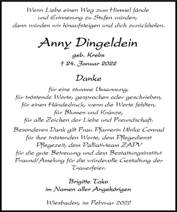 Traueranzeige von Anny Dingeldein von vrm-trauer Wiesbadener Kurier