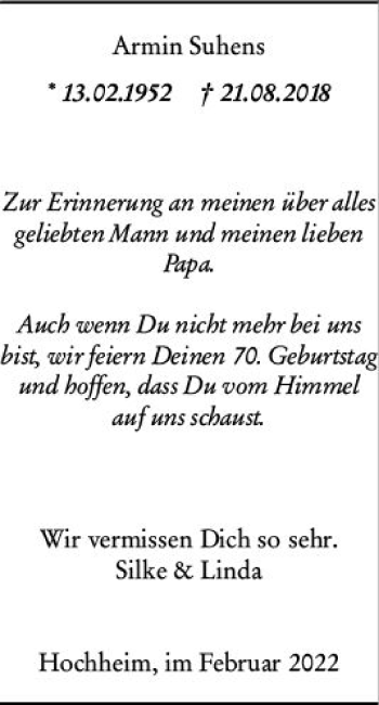 Traueranzeige von Armin Suhens von vrm-trauer Wiesbadener Kurier