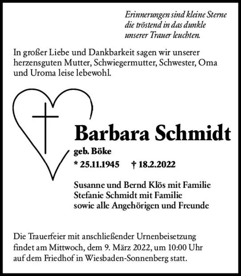  Traueranzeige für Barbara Schmidt vom 26.02.2022 aus vrm-trauer Wiesbadener Kurier