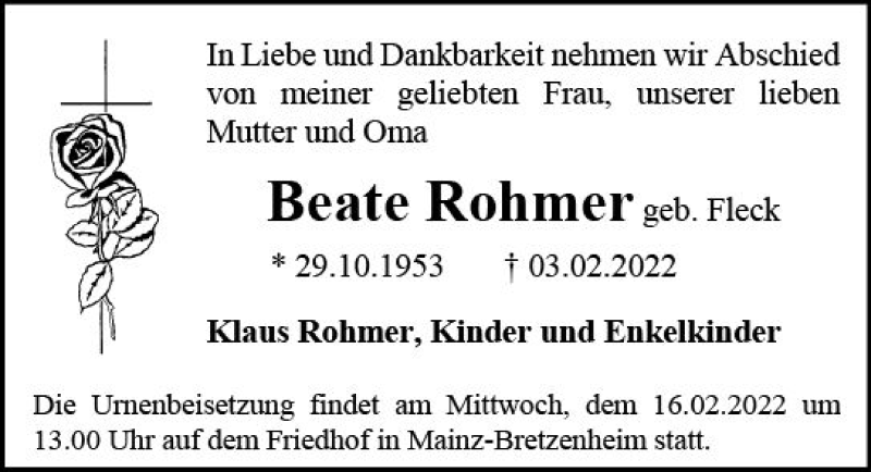 Traueranzeige für Beate Rohmer vom 12.02.2022 aus vrm-trauer AZ Mainz