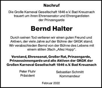 Traueranzeige von Bernd Halter von vrm-trauer Allg. Zeitung Bad Kreuznach