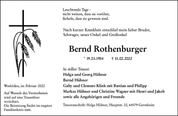 Traueranzeige von Bernd Rothenburger von vrm-trauer Groß-Gerauer Echo