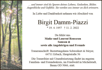 Traueranzeige von Birgit Damm-Piazzi von vrm-trauer Odenwälder Echo