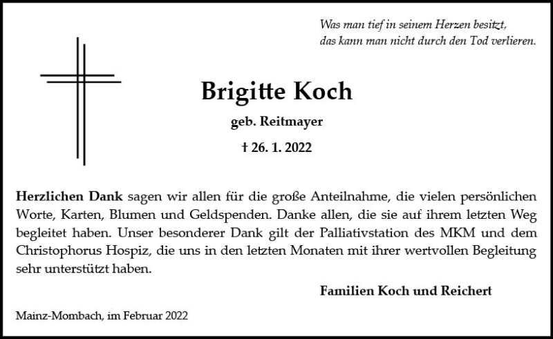  Traueranzeige für Brigitte Koch vom 19.02.2022 aus vrm-trauer AZ Mainz