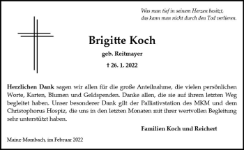Traueranzeige von Brigitte Koch von vrm-trauer AZ Mainz