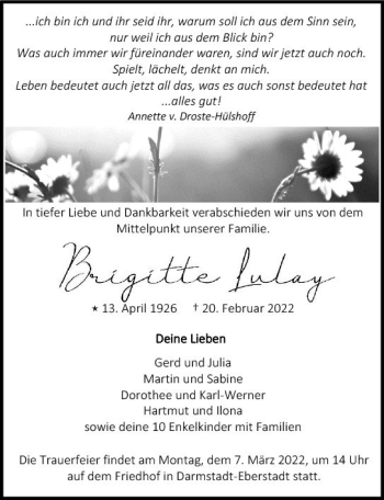 Traueranzeige von Brigitte Lulay von vrm-trauer Darmstädter Echo