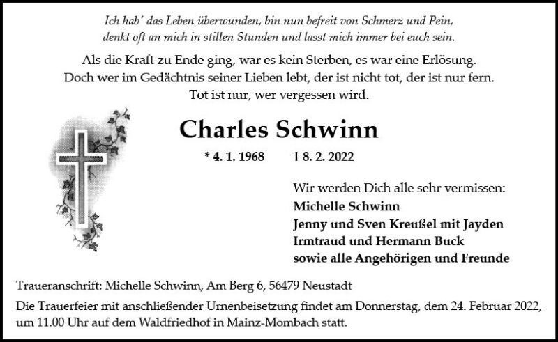  Traueranzeige für Charles Schwinn vom 19.02.2022 aus vrm-trauer AZ Mainz