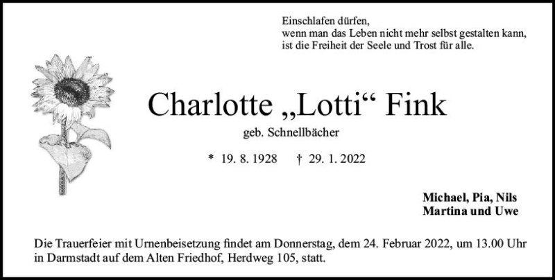  Traueranzeige für Charlotte Fink vom 05.02.2022 aus vrm-trauer Darmstädter Echo