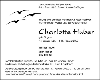 Traueranzeige von Charlotte HUber von vrm-trauer Allgemeine  Zeitung Ingelheim-Bingen