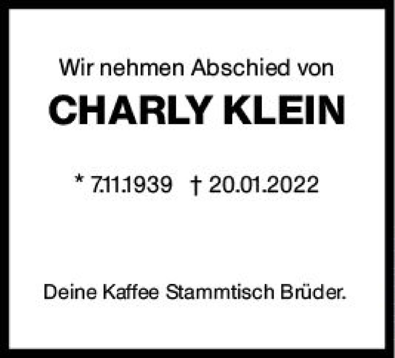  Traueranzeige für Charly Klein vom 05.02.2022 aus vrm-trauer Wiesbadener Kurier