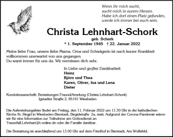 Traueranzeige von Christa Lehnhart-Schork von vrm-trauer Wiesbadener Kurier