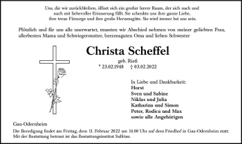 Traueranzeige von Christa Scheffel von vrm-trauer Allgemeine Zeitung Alzey
