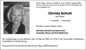 Traueranzeige von Christa Schott von vrm-trauer AZ Mainz