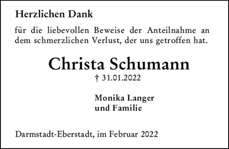  Traueranzeige für Christa Schumann vom 26.02.2022 aus vrm-trauer Darmstädter Echo