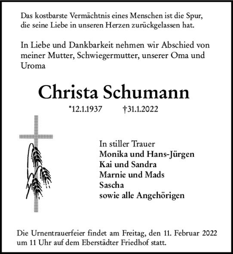  Traueranzeige für Christa Schumann vom 05.02.2022 aus vrm-trauer Darmstädter Echo