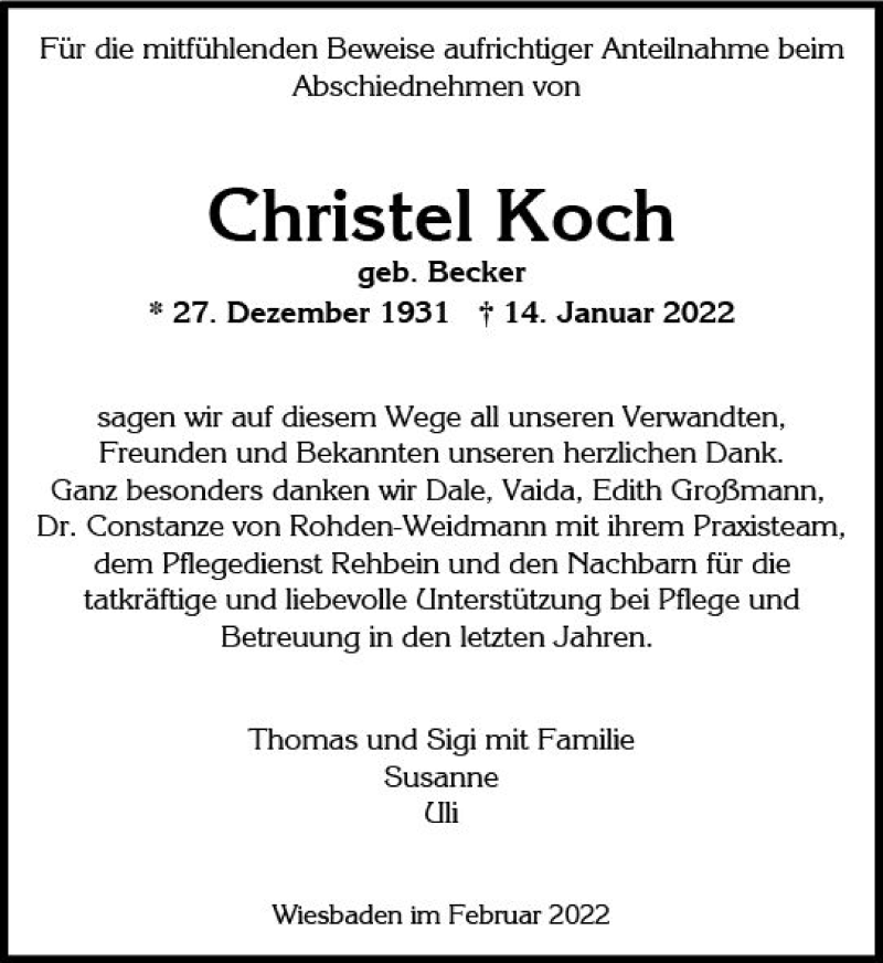  Traueranzeige für Christel Koch vom 12.02.2022 aus vrm-trauer Wiesbadener Kurier