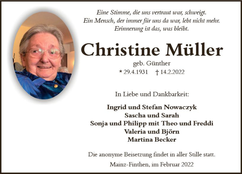  Traueranzeige für Christine Müller vom 19.02.2022 aus vrm-trauer AZ Mainz