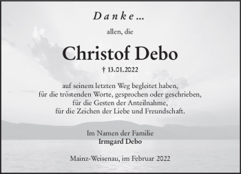 Traueranzeige von Christof Debo von vrm-trauer AZ Mainz