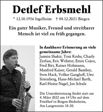 Traueranzeige von Detlef Erbsmehl von vrm-trauer Allg. Zeitung Bad Kreuznach