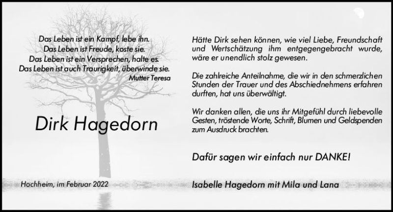  Traueranzeige für Dirk Hagedorn vom 04.02.2022 aus vrm-trauer Hochheimer Zeitung