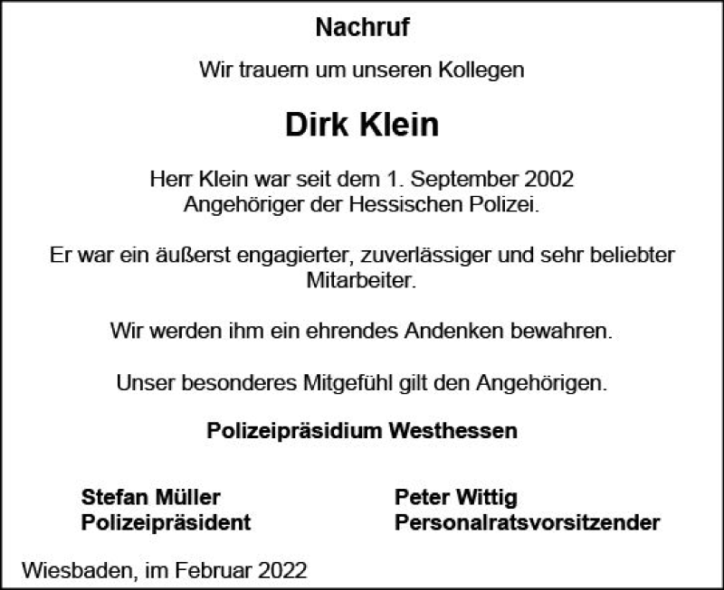  Traueranzeige für Dirk Klein vom 12.02.2022 aus vrm-trauer Wiesbadener Kurier