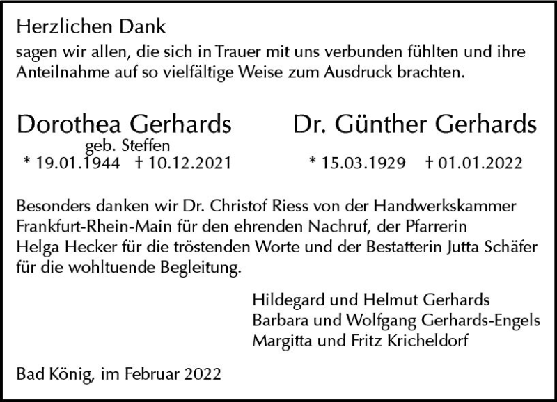  Traueranzeige für Dorothea Gerhards vom 19.02.2022 aus vrm-trauer Odenwälder Echo