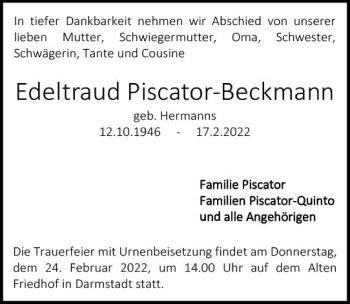 Traueranzeige von Edeltraud Piscator-Beckmann von vrm-trauer Darmstädter Echo