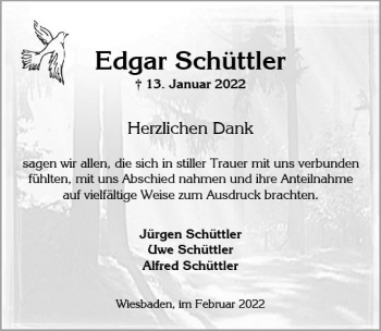 Traueranzeige von Edgar Schüttler von vrm-trauer Wiesbadener Kurier